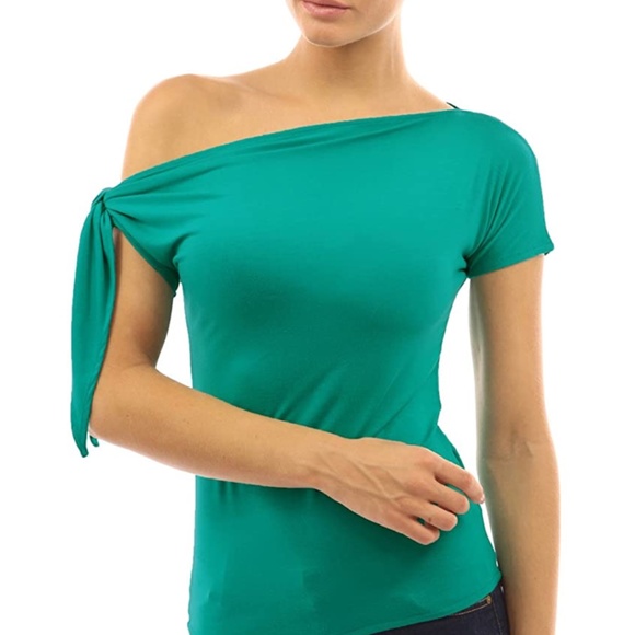 PattyBoutik Women One Shoulder Short Sleeve Top (Turquoise Large) NWOT - Picture 1 of 3